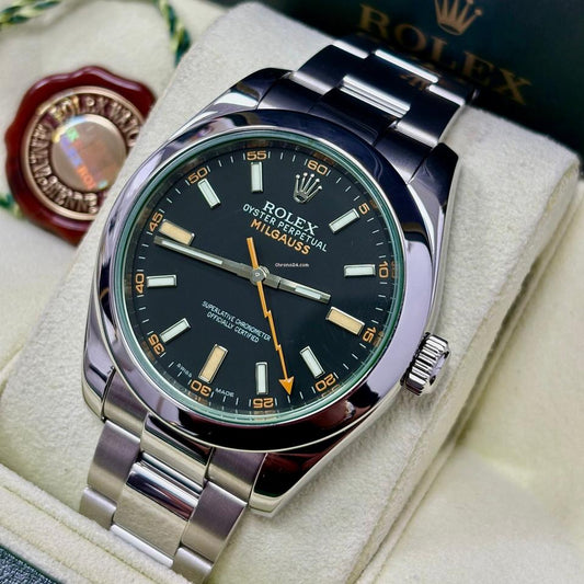 Rtreselss RRolexx Milgausss Black Dial Green Crystal